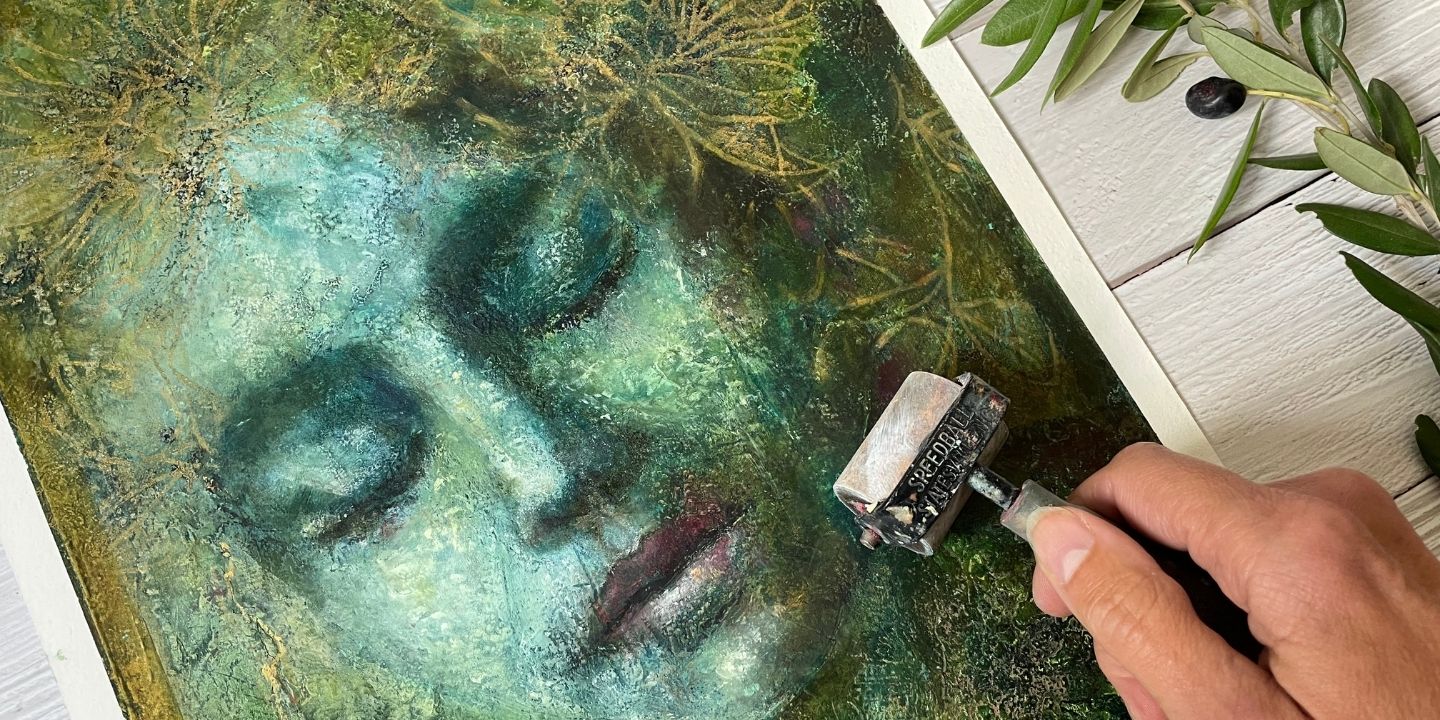 Cold wax and oils painting with rich layered texture